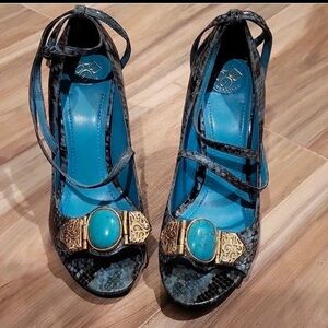 BCBGeneration Blue and Gold Strappy Heels